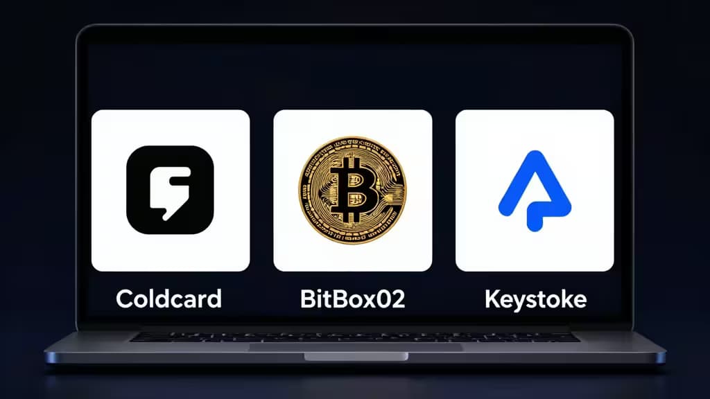 Tre hardware wallet (Coldcard, BitBox02 e Keystone) collegati a un laptop con interfaccia Electrum per configurazioni multisig Bitcoin, su sfondo scuro con elementi di sicurezza