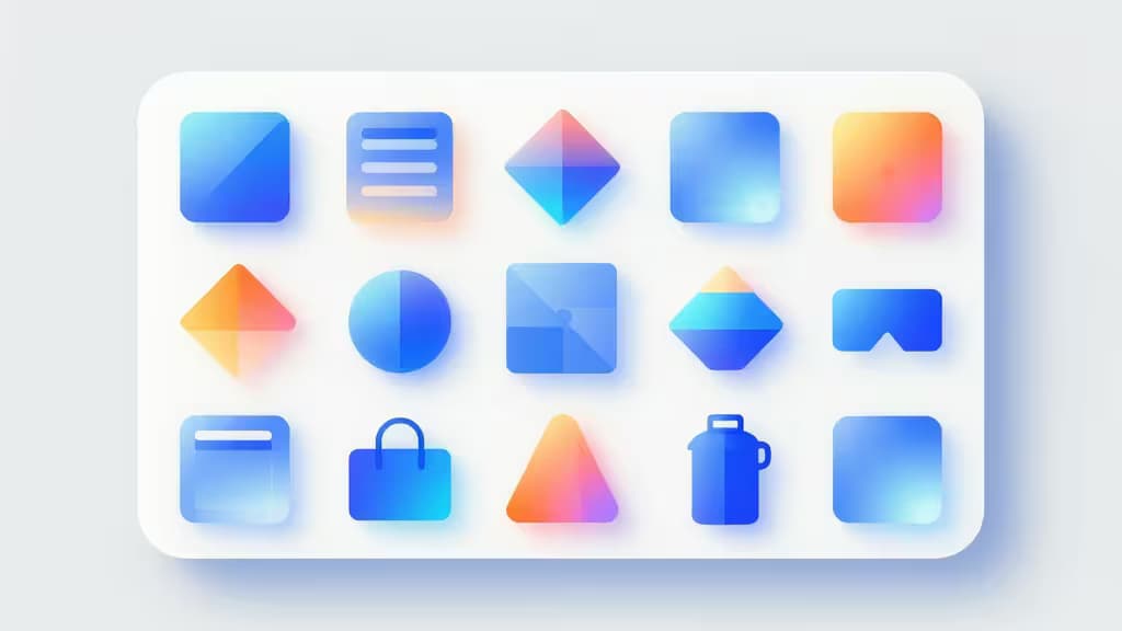 Abstract digital illustration showing a design canvas with glowing geometric shapes, color swatches, and product silhouettes arranged in a clean grid, representing AI-generated commercial imagery.