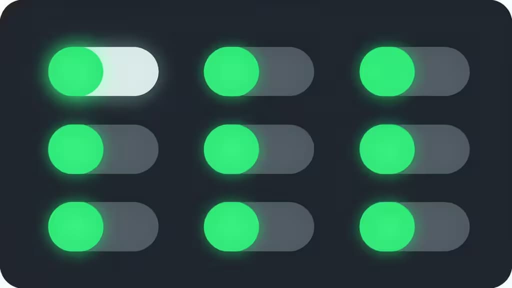Nine glowing green toggle switches illuminate a dark dashboard, symbolizing active feature flags for small development teams.