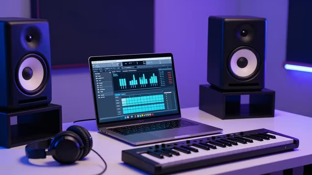 Laptop displays AI music software, flanked by studio monitors and MIDI keyboard under purple lighting.