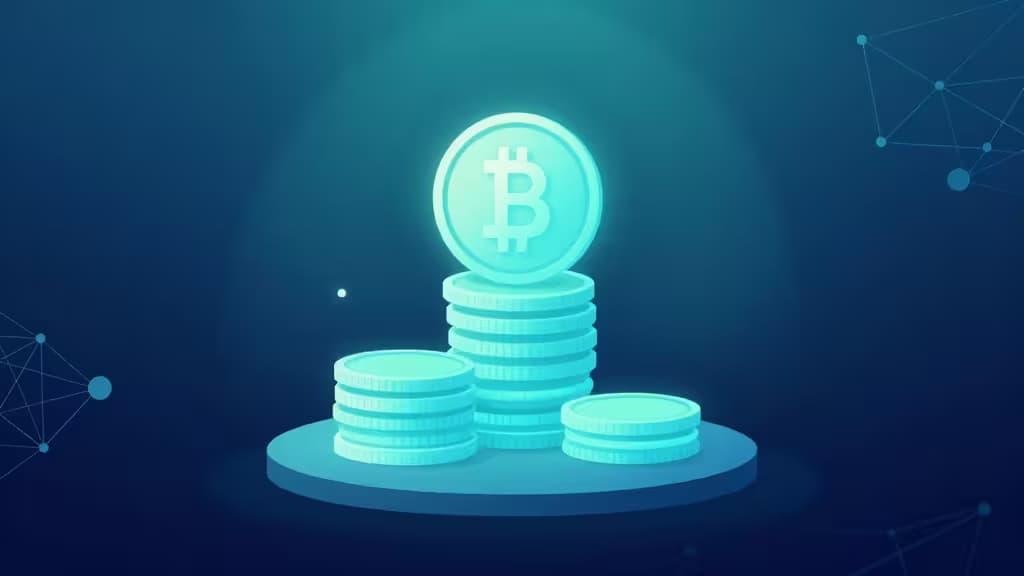 Glowing Bitcoin coins stack atop a platform, surrounded by network nodes, symbolizing accessible crypto staking for beginners.