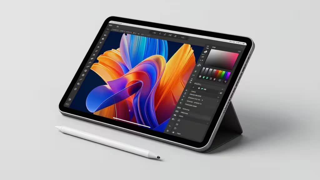 Silver iPad Pro displays vibrant digital art, accompanied by a white Apple Pencil on a minimalist gray surface.