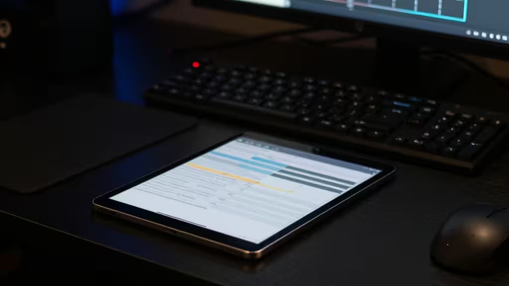 Une tablette affichant un logiciel de montage vidéo posée à côté d'un clavier et d'une souris sur un bureau sombre