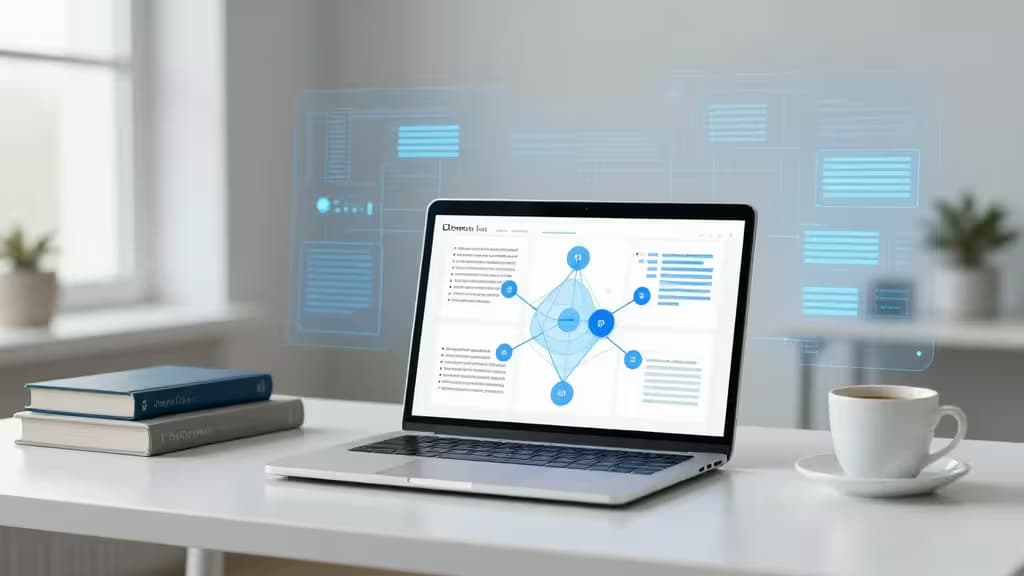 A laptop displays AI-driven research visualization on a modern desk with books and coffee.