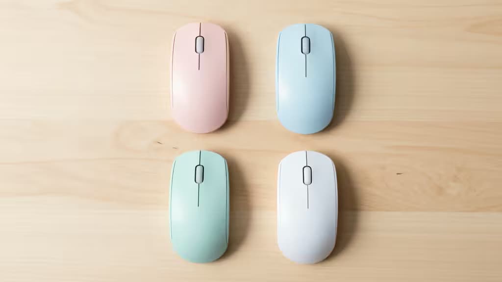 Four pastel wireless mice arranged on light wood surface, ideal for small hands.