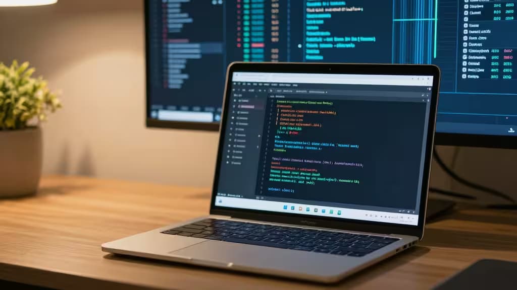 Laptop displays Node.js code with log management interface on dual monitors, set on wooden desk.