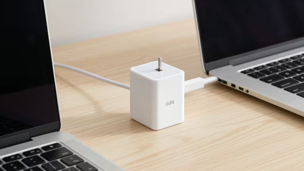 Белый GaN-адаптер с USB-C кабелем подключает два серебристых ноутбука на светлом деревянном столе.
