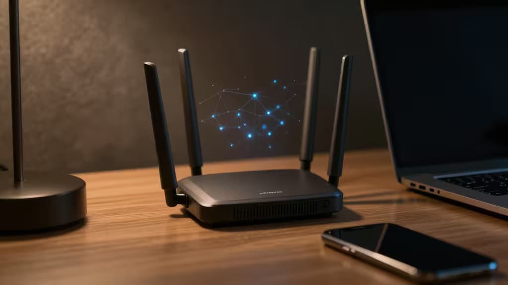 Schwarzer Reise-Router mit vier Antennen auf einem Schreibtisch neben Laptop und Smartphone, blaue Netzwerkgrafik symbolisiert sichere Konnektivität auf Reisen.