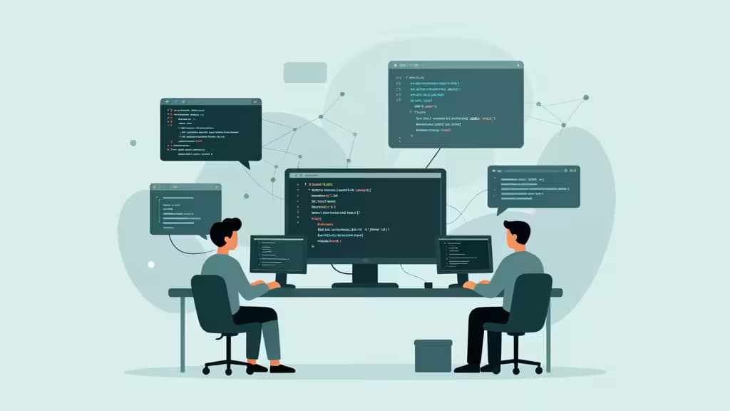 Two developers collaborate at a shared desk, surrounded by floating code windows and network diagrams, illustrating AI-assisted coding for small teams.