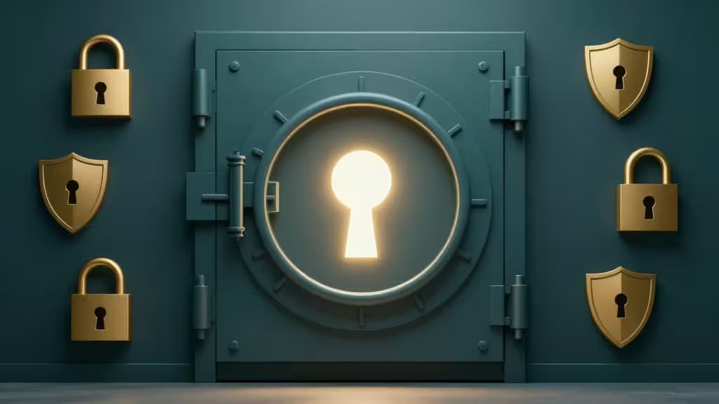 Illustration abstraite d'un coffre-fort numérique avec un trou de serrure lumineux entouré de cadenas et de boucliers, symbolisant la sécurité des mots de passe