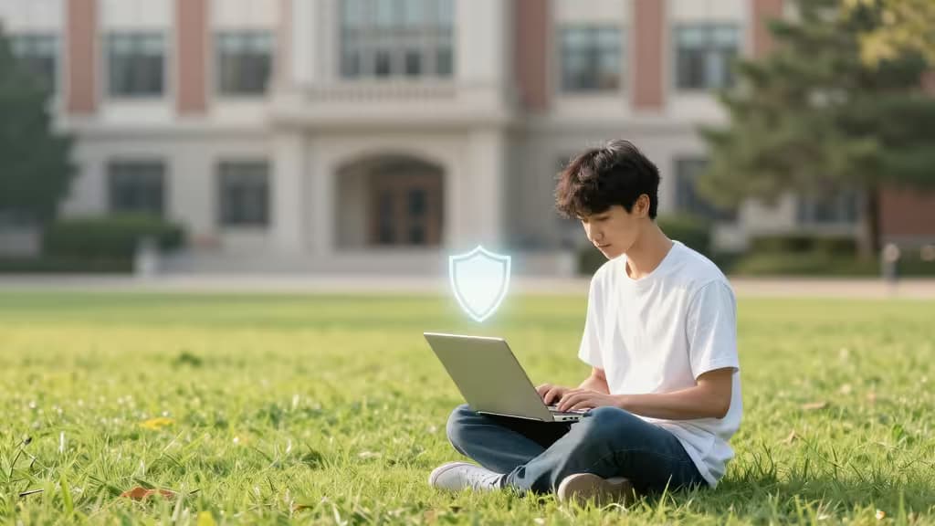 Student on laptop in grassy campus, shield icon glowing beside him.