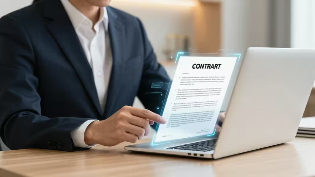 Italian lawyer reviews AI-enhanced contract on holographic laptop screen.