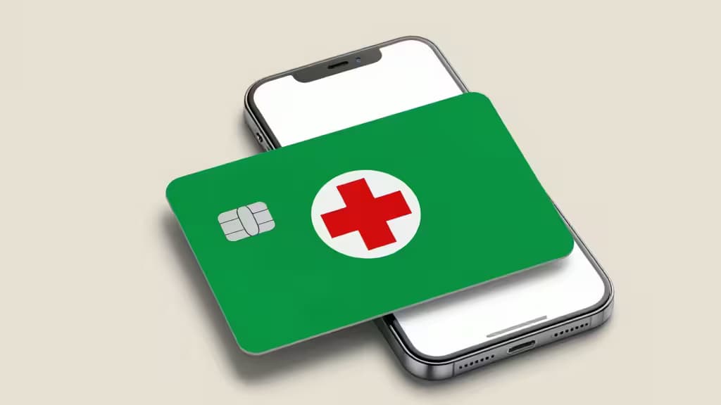 Green credit card with red cross emblem rests on smartphone screen.