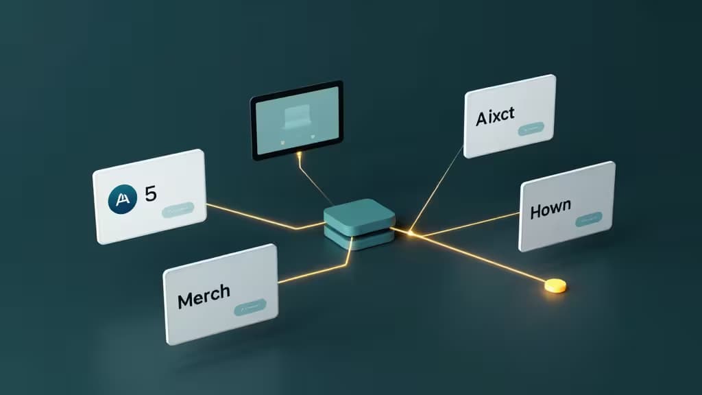 Floating API cards connect via glowing lines to a central mock server node, illustrating affordable developer tooling.