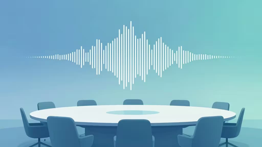 Witte audiogolf zweeft boven een moderne conferentietafel omringd door blauwe stoelen.