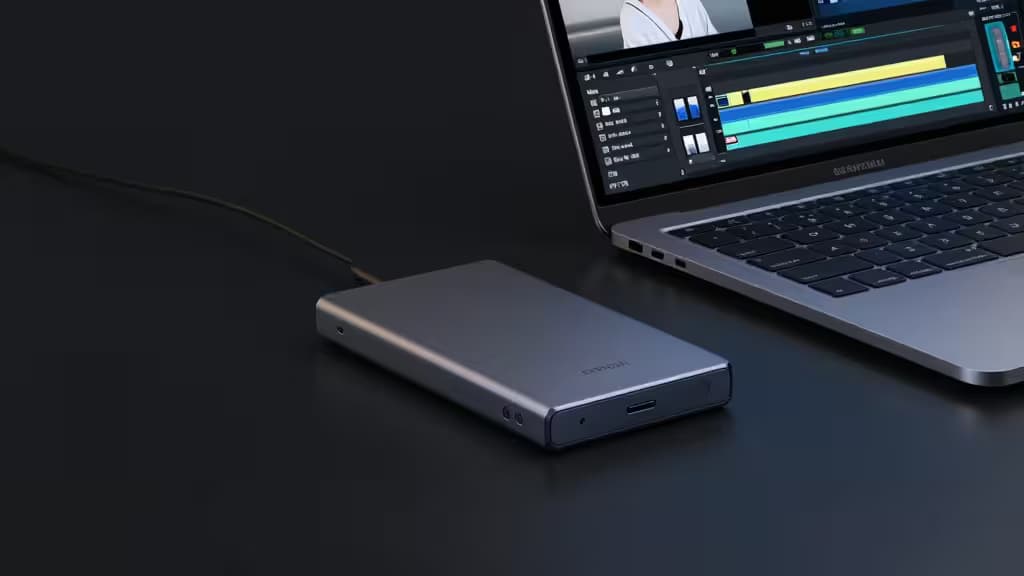 ノートPCの動画編集タイムラインの横に置かれたポータブルSSDの製品写真