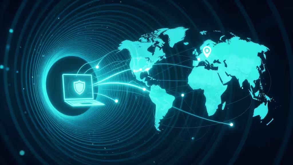 Светящийся ноутбук с иконкой щита передаёт зашифрованные данные через цифровой туннель к карте мира, символизируя глобальный доступ к AI-сервисам.
