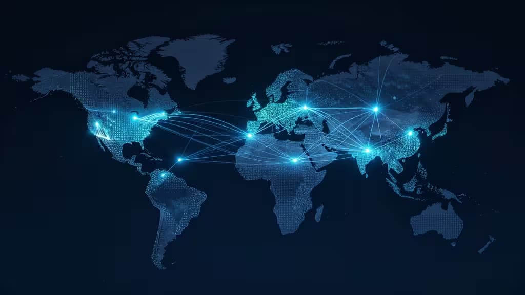 Glowing blue data nodes connect across a digital world map, illustrating a global edge computing network for low-latency applications.