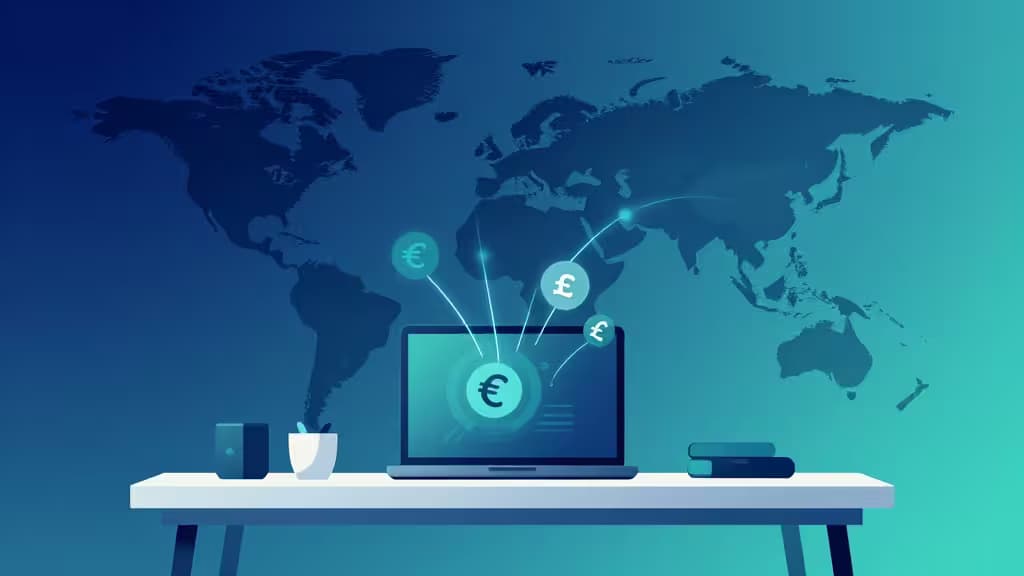 Un ordinateur portable sur un bureau affiche des symboles de devises flottants sur une carte du monde, symbolisant la banque mondiale pour freelances.