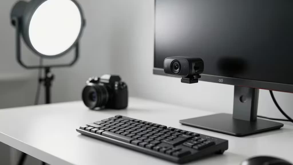 Black webcam mounted on top of a monitor, clean white desk with keyboard and mouse, soft studio lighting, modern streaming setup.