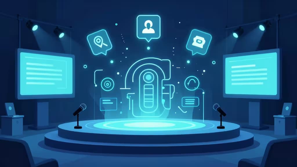 Abstrakte Illustration einer modernen Eventplanungs-Bühne mit holografischen KI-Elementen, Mikrofonen und Präsentationsbildschirmen in Blau- und Türkistönen