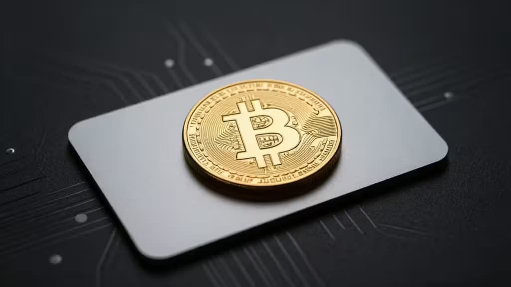 Cartão de carteira hardware Bitcoin com tecnologia NFC sobre fundo escuro com padrões de circuito