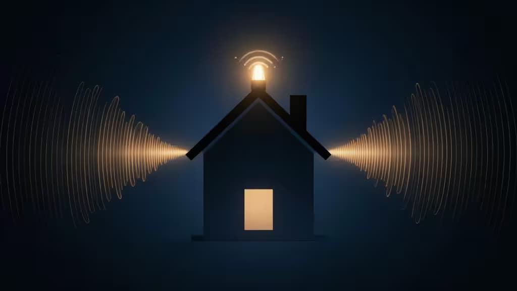 Silhouette de maison moderne avec des ondes d'alarme lumineuses rayonnant vers l'extérieur, tons bleu profond et ambre.