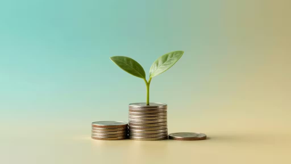 Composición abstracta de finanzas con una pequeña planta creciendo sobre monedas, simbolizando el crecimiento de inversiones con poco capital.