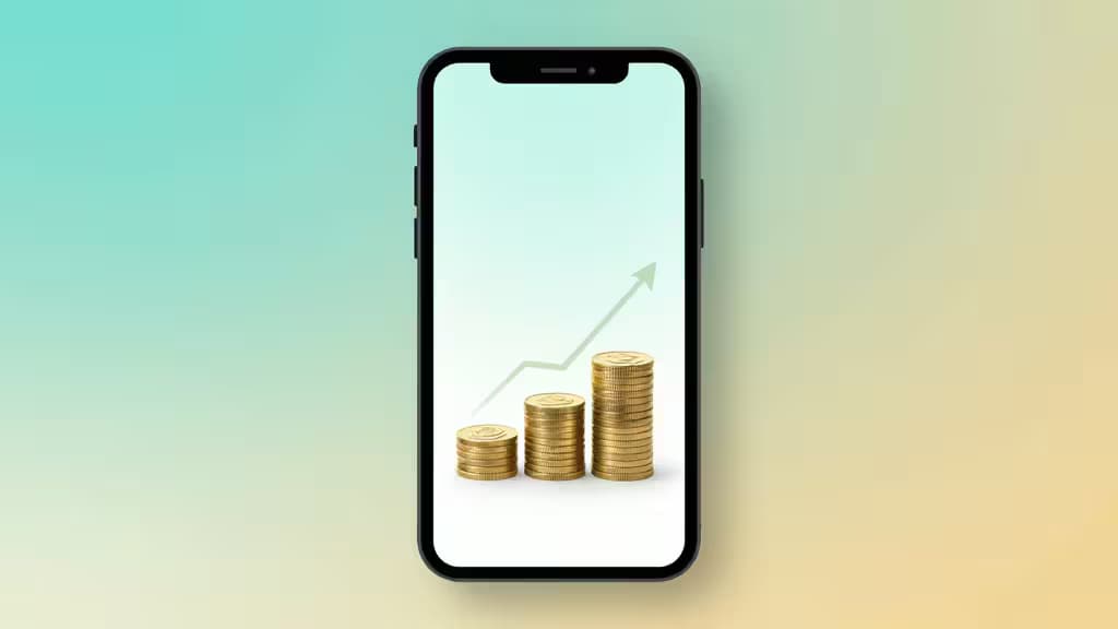 Smartphone displays rising gold coins and upward arrow, symbolizing automated savings growth on a financial dashboard.