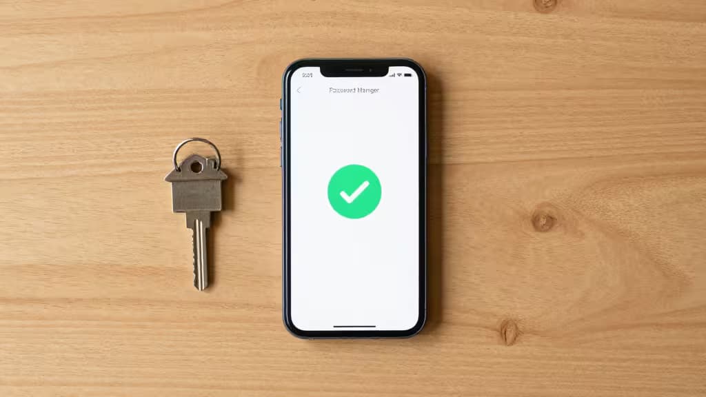 A smartphone displaying a green checkmark sits beside a physical key on a wooden desk.