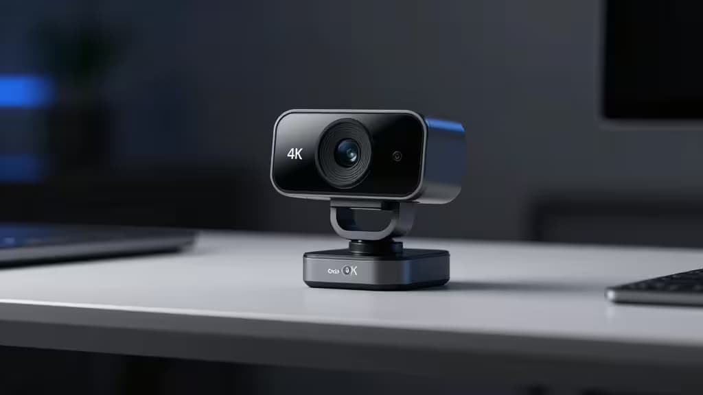 A 4K webcam on a minimalist streaming desk with soft studio lighting and a subtle blue accent light