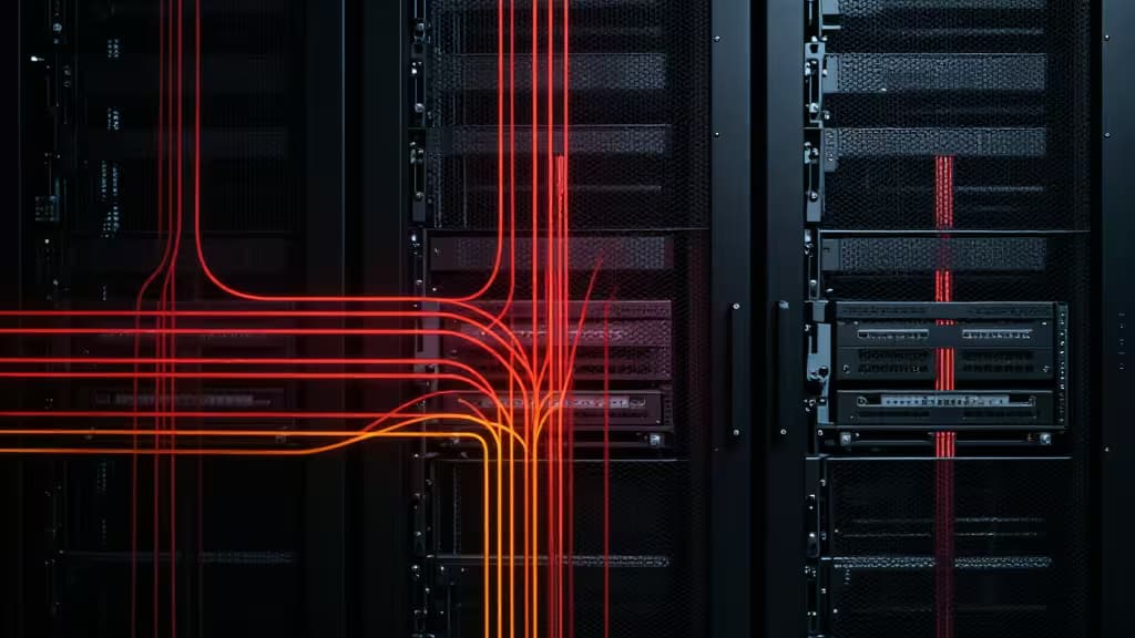Glowing red data streams flow through dark server racks, symbolizing high-speed managed Redis hosting for startups.