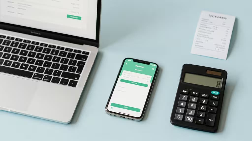 Laptop, smartphone payment app, and calculator arranged on a light blue desk surface.