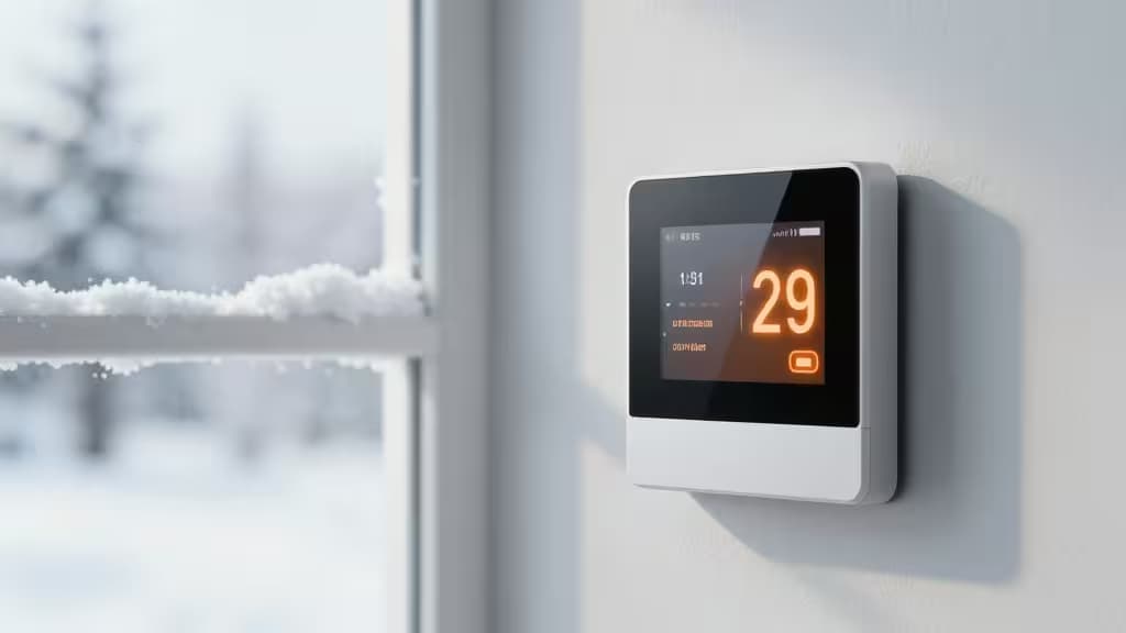 Termostato inteligente blanco con pantalla naranja brillante a 29°C, montado junto a una ventana escarchada con vista a un paisaje invernal nevado.