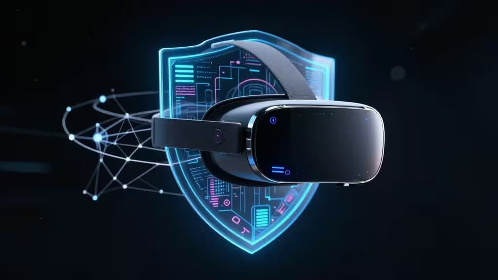 A sleek VR headset floats before a glowing blue digital shield, symbolizing secure virtual reality experiences.