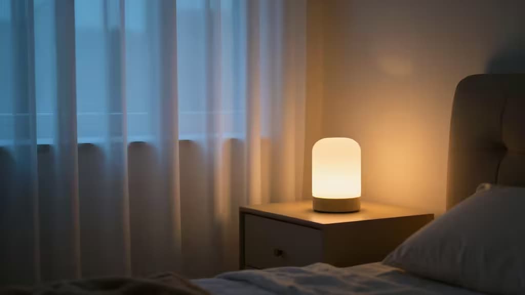 A glowing smart bedside lamp casts warm light beside a neatly made bed with sheer curtains.