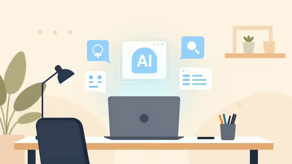 A minimalist desk with a laptop displays floating AI interface icons, symbolizing smart tools for small business owners and startups.