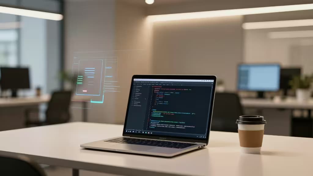 Laptop displays code with holographic AI interface, coffee cup beside, in modern office setting.