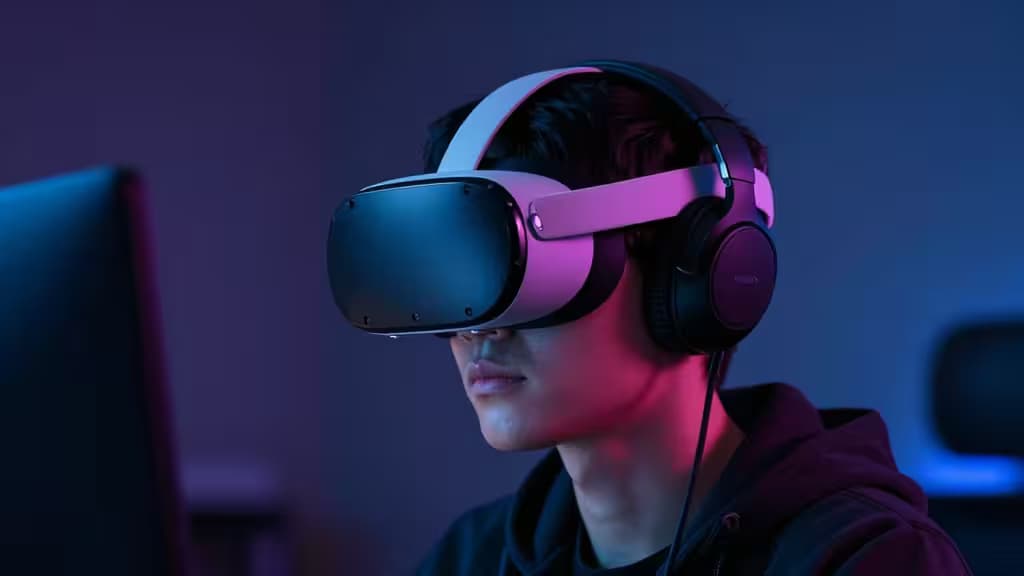 A gamer wears a sleek Meta Quest 3 headset with over-ear headphones, bathed in neon pink and blue light.