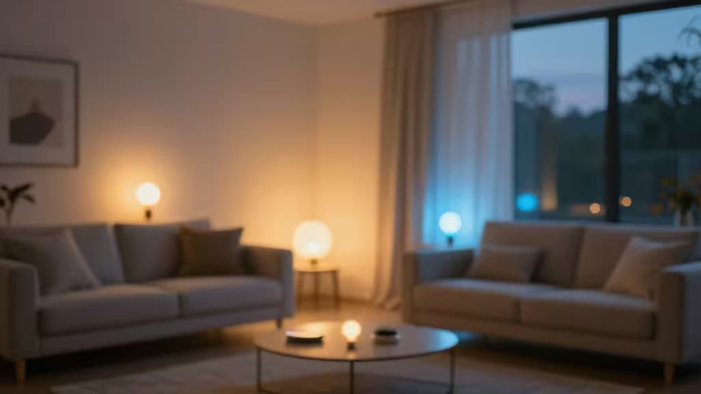 Warm-toned smart bulbs illuminate a modern living room, casting soft glows on sofas and coffee tables, illustrating Zigbee mesh network reliability.