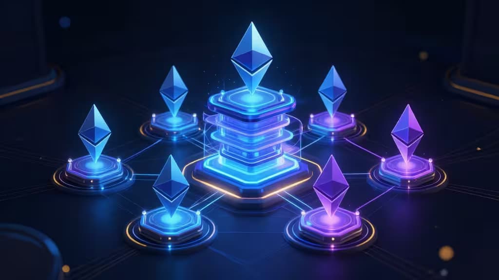 Illustration abstraite d'un écosystème de restaking Ethereum avec des nœuds de validateurs interconnectés par des fils lumineux bleus et violets sur fond sombre