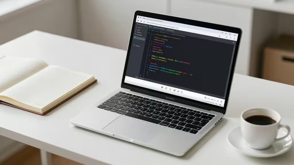 Notebook prateado exibe código Java em uma mesa branca ao lado de um caderno e uma xícara de café, ambiente de trabalho de desenvolvedor.