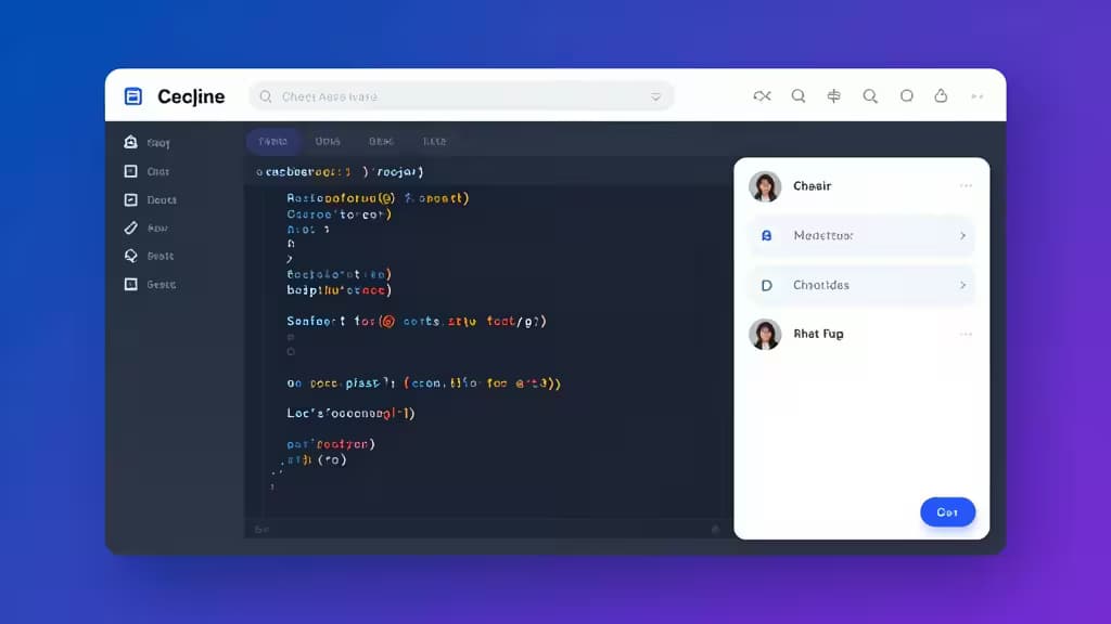 A sleek UI mockup of an AI coding assistant interface with code editor and chat panel.