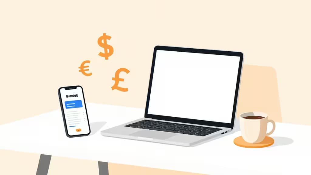 Un teléfono con apps bancarias junto a un portátil y una taza de café, con símbolos de dólar, euro y libra flotando sobre ellos.