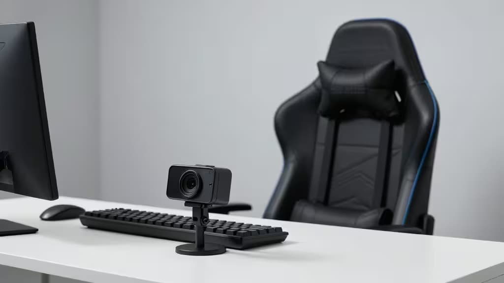Een minimalistische desk setup met een webcam gericht op een gaming stoel, zacht studio-licht en een moderne uitstraling