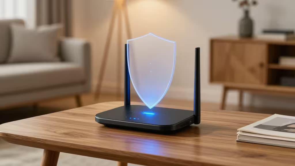Routeur noir sur table en bois avec hologramme de bouclier bleu dans un salon cosy.
