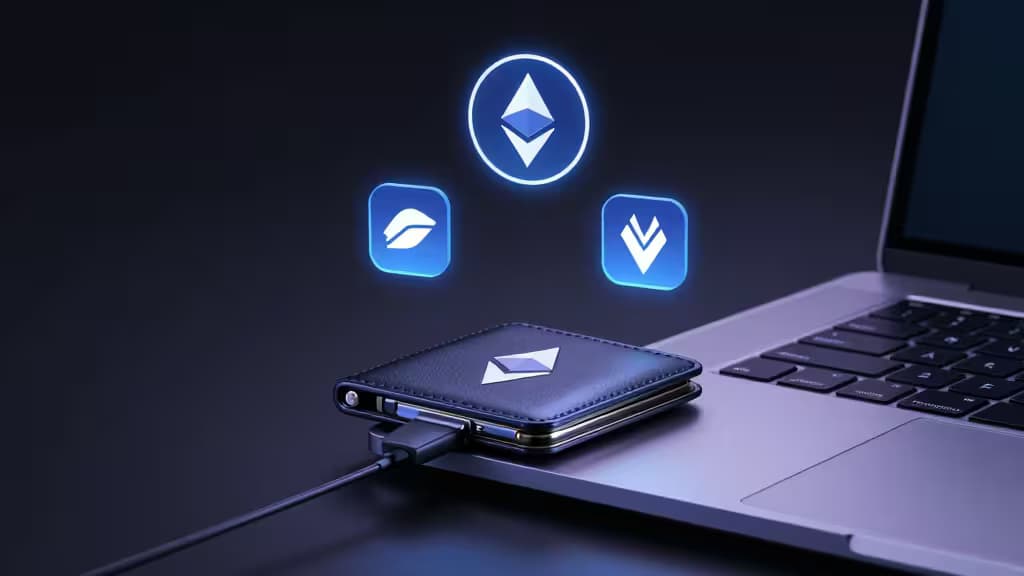 Un wallet Ethereum élégant connecté à un ordinateur portable, avec des icônes de staking crypto lumineuses flottant autour