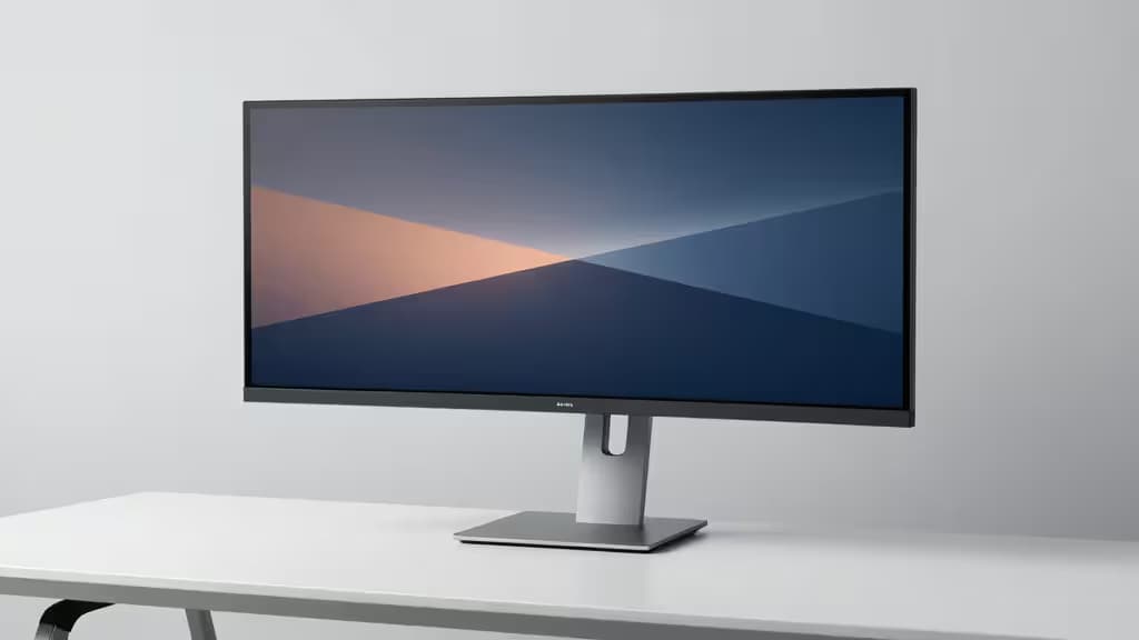 An ultrawide monitor mounted on a sleek desk arm above a clean modern workspace.