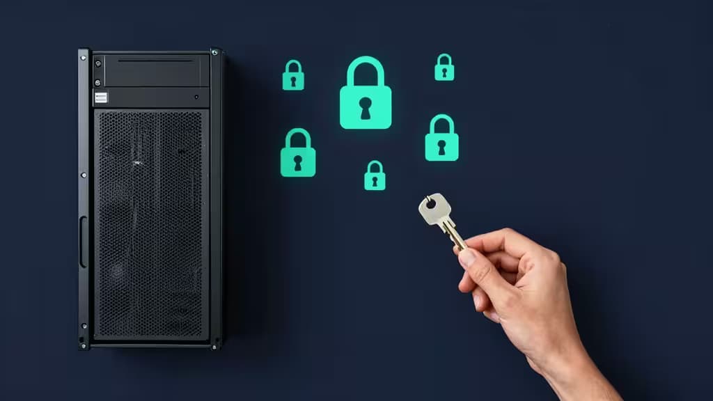A hand holds a key near glowing padlocks beside a black server rack on a dark desk.