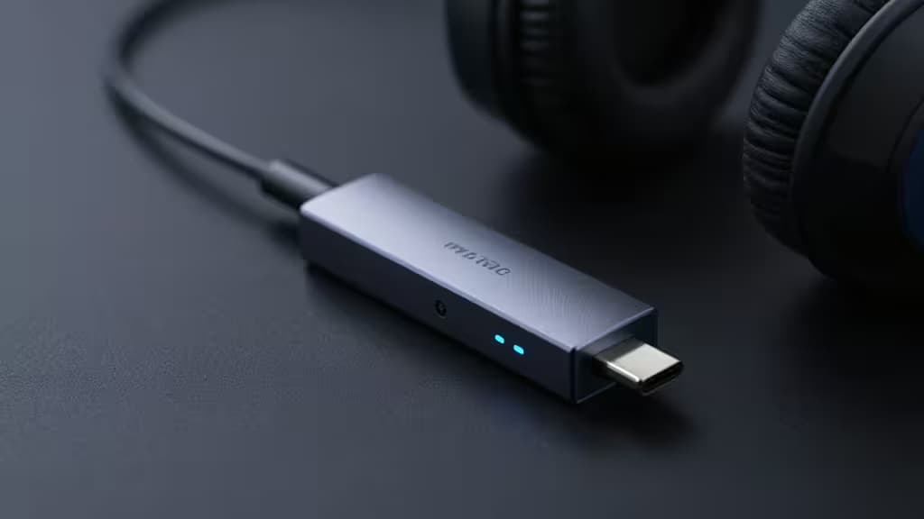 A sleek USB-C DAC dongle with glowing blue LEDs rests beside a gaming headset on a dark surface.